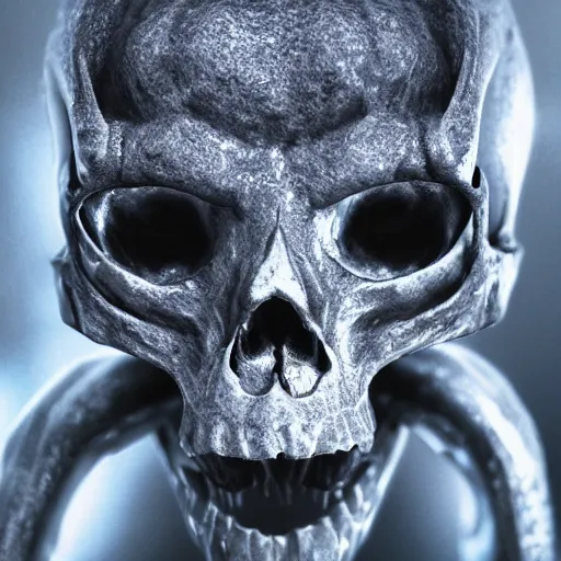 Image similar to A skull of an alien creature, intricate, 35mm, photorealistic, realistic, depth of field, photography, high definition, 8k