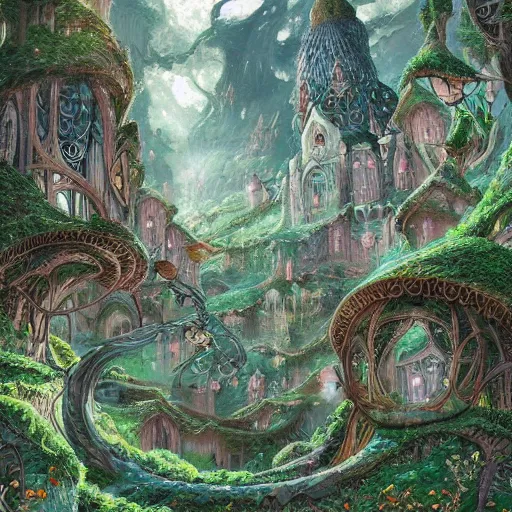 Image similar to a stunning fairy landscape with an elvish city in the middle of the forest, ornate, intricate, in the style of miyazaki, studio ghibli, hyper detailed