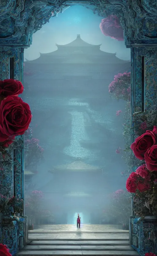 Prompt: vanishing point, palace covered with aqua blue roses like the forbidden city in distance at the red rose royal manor, viewed from afar, stephen bliss, misty, unreal engine, fantasy art by greg rutkowski, loish, ferdinand knab, and lois van rossdraws,, global illumination, radiant light, minimalist, detailed and intricate environment