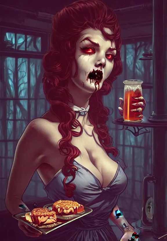 Image similar to Zombie waitress of a small 50’s style diner serving cold drinks, fantasy magic, zombie, dark pin-up style hair, dark light night, intricate, elegant, sharp focus, illustration, highly detailed, digital painting, concept art, matte, art by WLOP and Artgerm and Greg Rutkowski and Alphonse Mucha, masterpiece