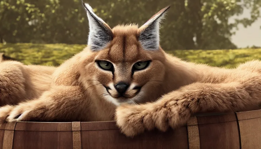 Image similar to longshot photo of cute fluffy caracal lying in wooden barrel lying on one side, ancient greek city, sunny day, by ilya kuvshinov, rtx rendering, octane render 1 2 8 k, maya, extreme high intricate details by tom bagshaw, medium shot, close up shot, composition by sana takeda, lighting by greg rutkowski