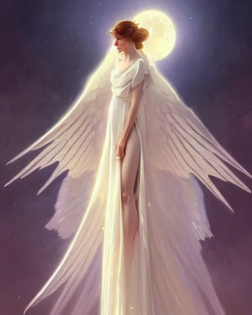 Image similar to Angels in white gauze dresses, the glow of the moonlight, fantasy, intricate, elegant, highly detailed, digital painting, artstation, concept art, matte, sharp focus, illustration, art by Artgerm and Greg Rutkowski and Alphonse Mucha, trending on instagram