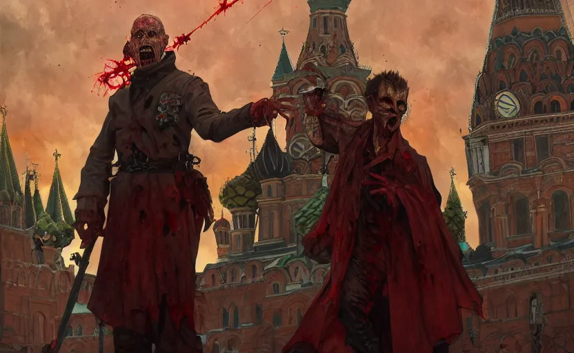 Image similar to zombie Putin in Red Square, fantasy, intricate, highly detailed, digital painting, artstation, concept art, smooth, sharp focus, illustration, art by artgerm and greg rutkowski and alphonse mucha