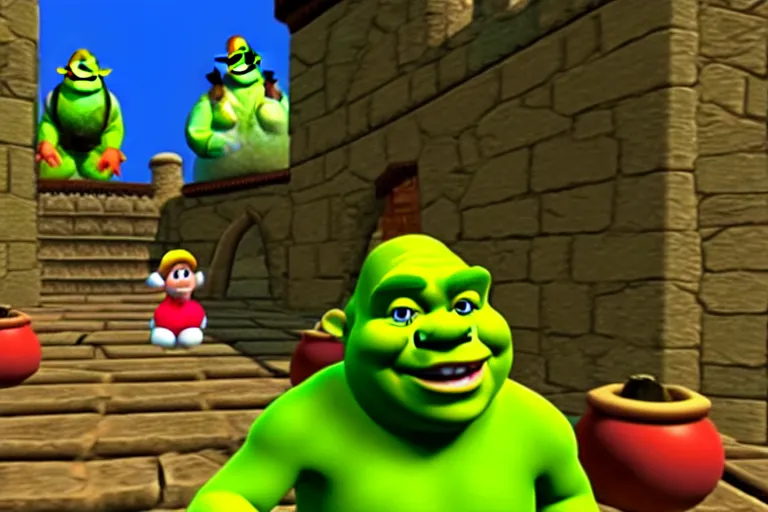 Prompt: Shrek Cameo in Super Mario 64, Raw footage