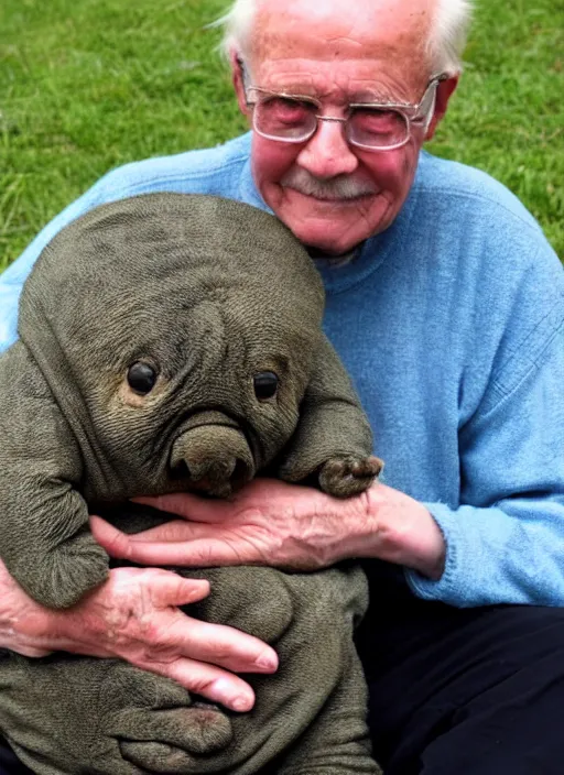 Image similar to an elderly man and his pet tardigrade, tardigrade on lap, cute pet photo