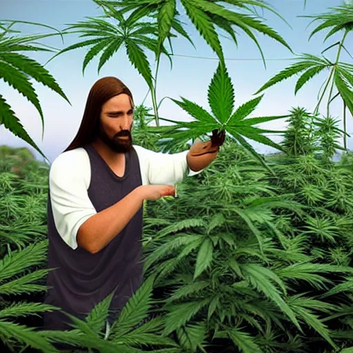 Prompt: jesus spreads his hands against the background of growing cannabis. realistic render