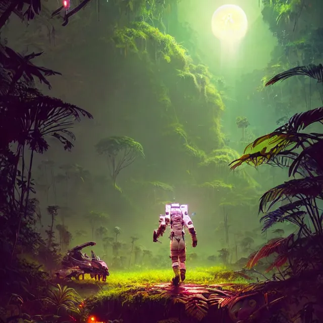 Prompt: an astronaut with a skull head, surrounded by bio - luminescent, glowing peaceful serene sentient solarpunk, plants, fauna, deep jungle. in the style of horizon zero dawn, scattered glowing pink fireflies, by greg rutkowski, beeple, sharp focus, digital painting, concept art