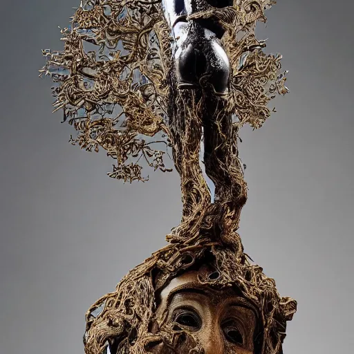 Image similar to a human man statue stuck in a cosmic tree, a sense of awe, amazement, monogon, plasma display, wooden, silver, mercury, damascus, armature wire, multiscopy, morph, in a symbolic and meaningful style, insanely detailed and intricate, hypermaximalist, elegant, ornate, hyper realistic, super detailed,