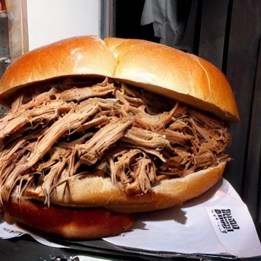 Prompt: pulled pork sandwich, sculpture by h.r. giger