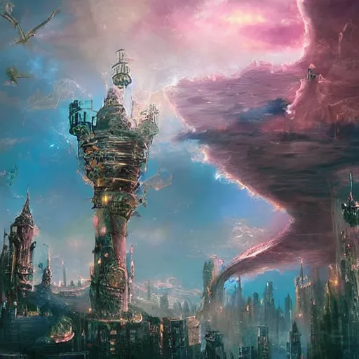 Image similar to rose - shaped city, sky, fantasy art, steampunk