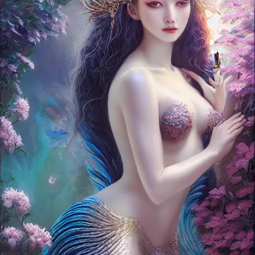 Image similar to a masterpiece ultrarealistic ultradetailed portrait of beautiful magic mermaid siren dragon lady baroque renaissance. medium shot, intricate, elegant, by stanley artgerm lau, wlop, rossdraws, andrei riabovitchev. flower background my james jeand.