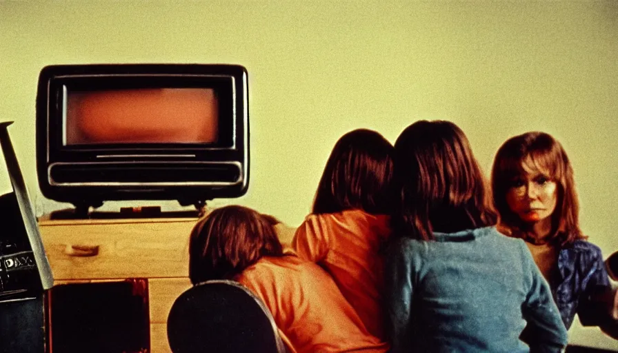 Image similar to 7 0 s film still from a horror movie with young adults staring at a television, kodachrome, cinecolor, cinestill, photorealism, cinematic, film grain, film texture, vhs recording