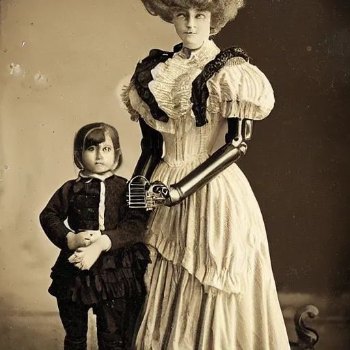 Prompt: portrait of a life size victorian female clockwork robot standing in with a human child in her care, 8 k, soft lighting, highly detailed realistic, face in focus polaroid photography