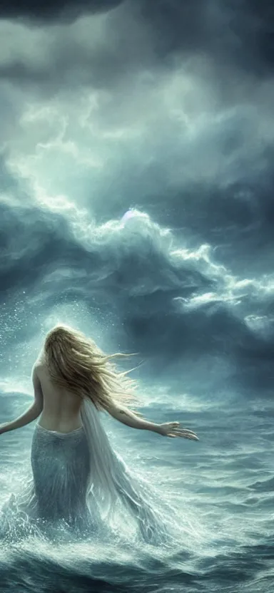 Prompt: monster made of water, made of liquid, rising up from ocean, water armor, high detail, high contrast, medium close up portrait, studio lighting, stormy seas, beautiful, bokeh, snowy, storm clouds, god rays, d & d, fantasy, elegant, aquamarine color palette, concept art, roger deakins and greg rutkowski and alphonse mucha