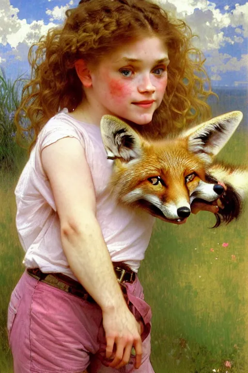 Image similar to a seven - year old freckle - faced girl with long curly dirty blonde hair, blue eyes, tan skin a pink tee shirt and shorts, playing with a fox, painting by daniel gerhartz, alphonse mucha, bouguereau, detailed art, artstation