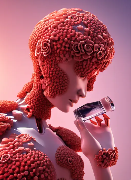 Image similar to biomechanical mannequin carrying perfume bottle enchanted coral kingdom made of corals, daisies, roses contoured smooth fair walls carrying perfume bottle, up close shot, sharp focus, global illumination, radiant light, alexandre ferra white mecha, irakli nadar, octane highly render, 4 k, ultra hd,