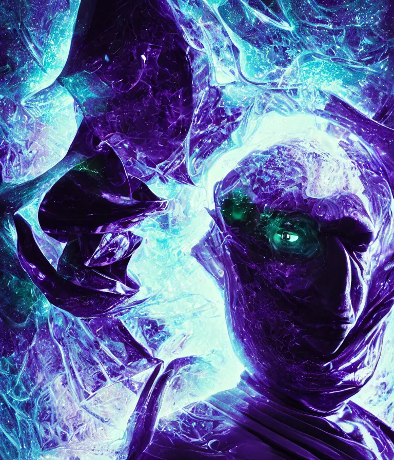 Prompt: impressive entrancing front!! shot photo of a court jester character fine portrait fine portrait mesmerizing caustics hyper cubes platinum cracked dark future hyper dimensional space galactic crystal nebula edges elegant detailed intricate concept artstation sharp focus ray tracing cinematic masterpiece temporal corruption beeple wlop germ 8 4 k scifi glossy hyper realistic illustration canon eos r 3 fujifilm x - t 3 0 sony alpha
