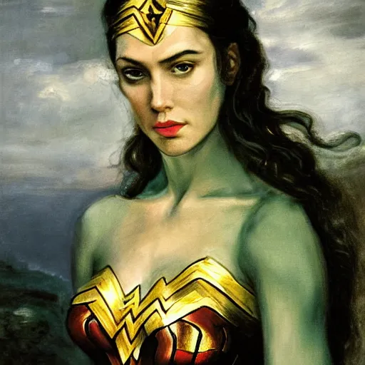 Image similar to highly detailed portrait of wonder woman with white hair and glowing green eyes, ultra realistic, 4 k, painted by gustave courbet,