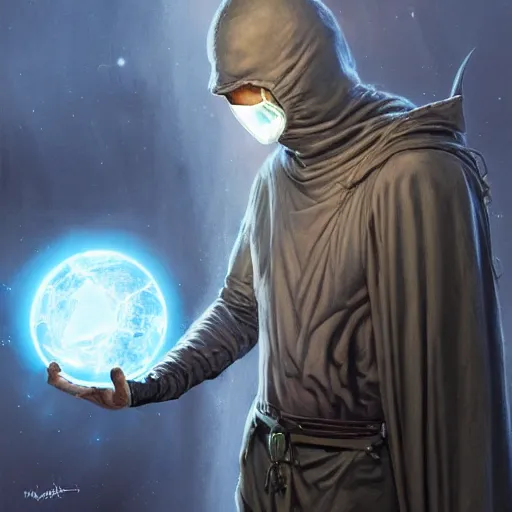 Image similar to masked nomad male wearing a cloak on an alien world and holding a holographic planet projection in his hand, detailed, sci - fi, digital painting, artstation, sharp focus, illustration, ominous, artgerm, tomasz alen kopera, peter mohrbacher, donato giancola, joseph christian leyendecker, wlop, frank frazetta