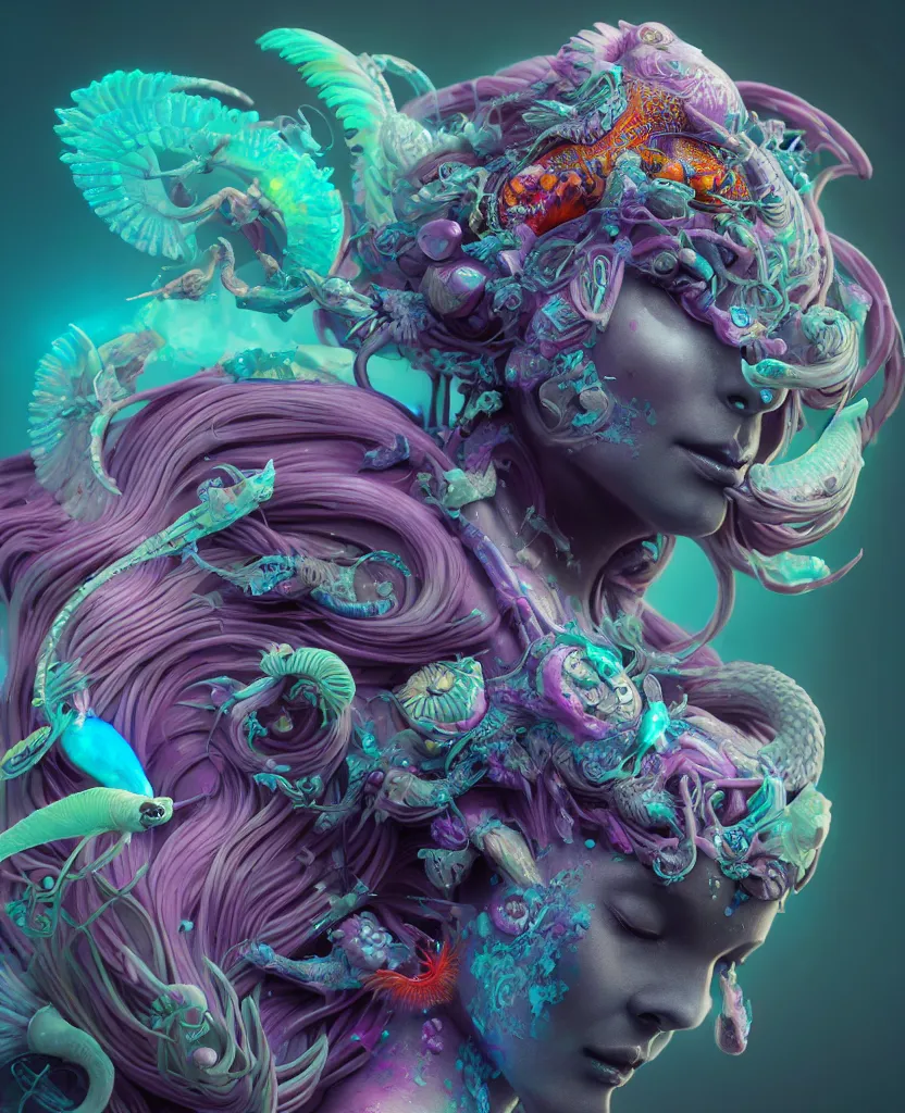 Image similar to goddess full color painted acryllic sculpture close-up portrait. orchid bird phoenix head, nautilus, skull, betta fish, bioluminiscent creatures, intricate artwork by Tooth Wu and wlop and beeple. octane render, trending on artstation, greg rutkowski very coherent symmetrical artwork. cinematic, hyper realism, high detail, octane render, 8k