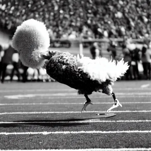 Image similar to the famous funky chicken runs across a football field, interrupting the big game, 3 5 mm