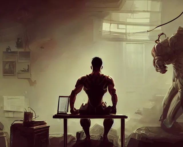 Image similar to an insanely detailed painting of an asian man wearing a homemade superhero costume, sitting at a desk, staring at the nervously at the computer and typing, in the style of peter mohrbacher, dramatic lighting and composition, surreal background, octane render, pixar, trending on artstation, concept art, comic book, view from behind