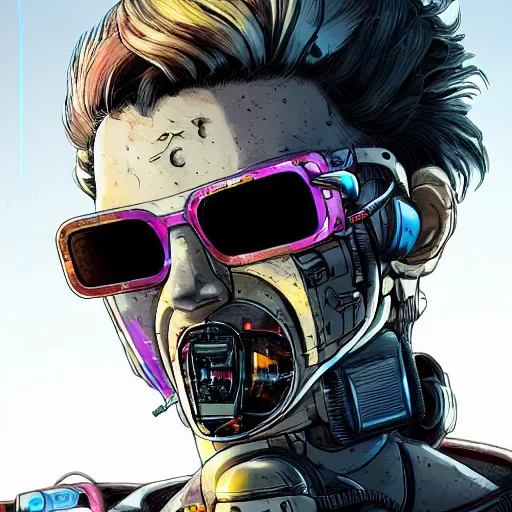 Prompt: Male cyborg, battle-damaged, wearing facemask and sunglasses, backlit by neon, headshot, cyberpunk, wires, cables, lenses, gadgets, Digital art, detailed, anime, artist Katsuhiro Otomo
