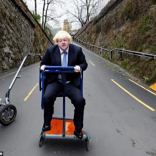 Prompt: Boris Johnson sitting inside a shopping-cart sliding downhill a very steep road