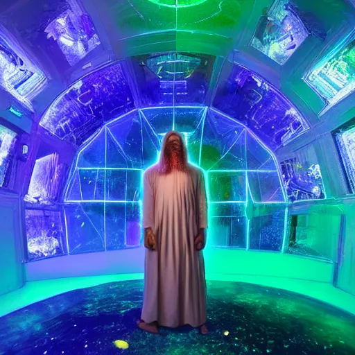 Image similar to A space wizard stand in front of giant, glowing crystal sits in the center of a dark room, Strange symbols line the walls, and a soft light glows from somewhere deep within the room, highly detailed, digital photo, HDRI, by christopher bretz and kael ngu, vivid colors, high contrast, 8k resolution, intricate, photorealistic, smooth, psychedelic color scheme, concept art, award winning, cg society contest winner