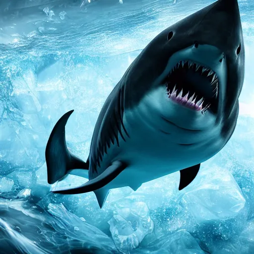 Image similar to shark inside peace of ice in the ocean cinematic detailed