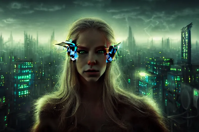 Prompt: an ultra realistic, cinematic, fantasy, headshot portrait, of an elden ring elf, fairy lights, facial features, overlooking a vast dystopian cityscape, with futuristic buildings and neon signs, detailed, deep focus, movie still, dramatic lighting, ray tracing, by michal karcz and yoshitaka amano