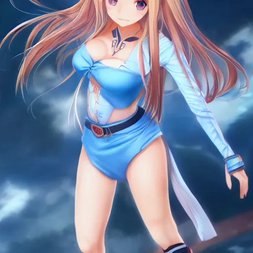 Image similar to a very beautiful mature yuuki asuna, full body, long wavy blond hair, sky blue eyes, full round face, bikini, miniskirt, front view, mid - shot, highly detailed, cinematic wallpaper by stanley artgerm lau