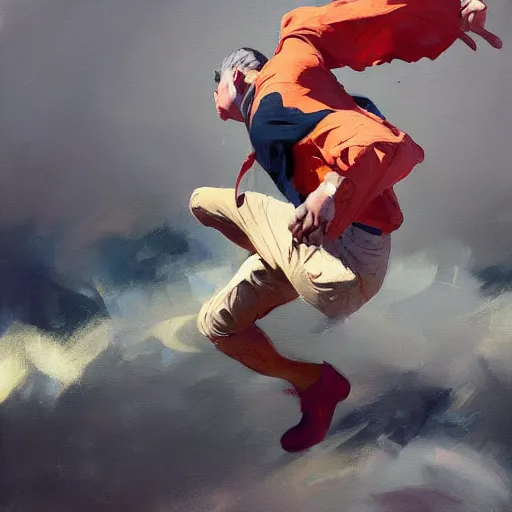 Image similar to greg manchess portrait of a man tripping and falling, profile picture, organic painting, sunny day, matte painting, bold shapes, hard edges, street art, trending on artstation, by huang guangjian, gil elvgren, ruan jia, randy vargas, greg rutkowski