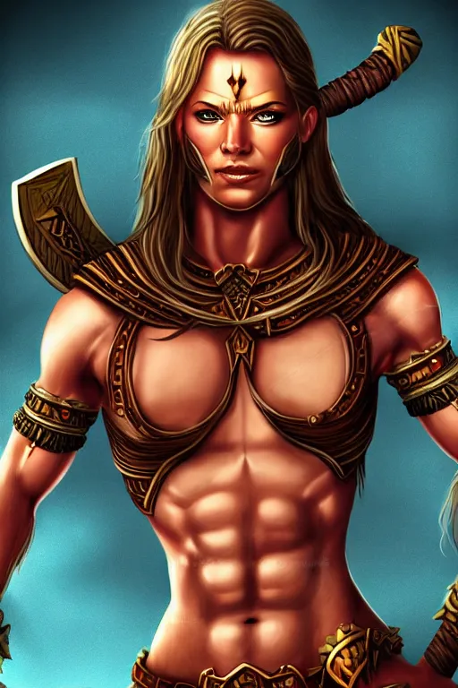 Prompt: full body portrait, thin muscular viking amazon warrior woman, 6 pack ab, symmetrical beautiful face, relaxed pose. fantasy illustration