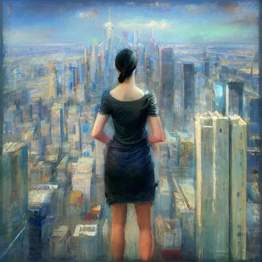 Image similar to “ girl standing on a roof looking down at a futuristic new york city below, by daniel gerhartz ”