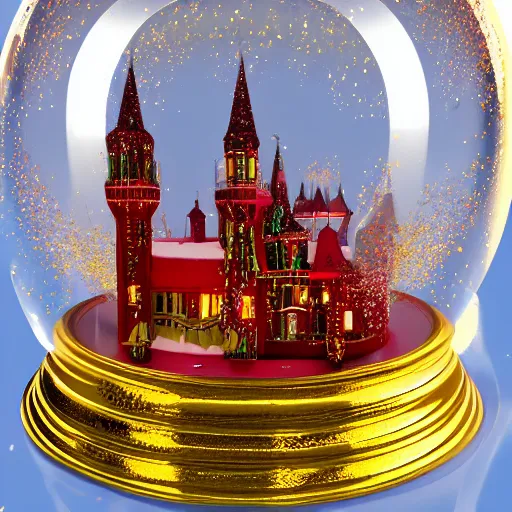 Image similar to in a snowglobe is a golden and red rocococastle with unicorns and snow falling, rainbow colored, sparkels, insanely detailed, 8 k, 3 d, masterpiece