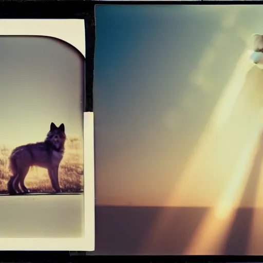 Image similar to polaroid collage, sunllight, girl, wolf