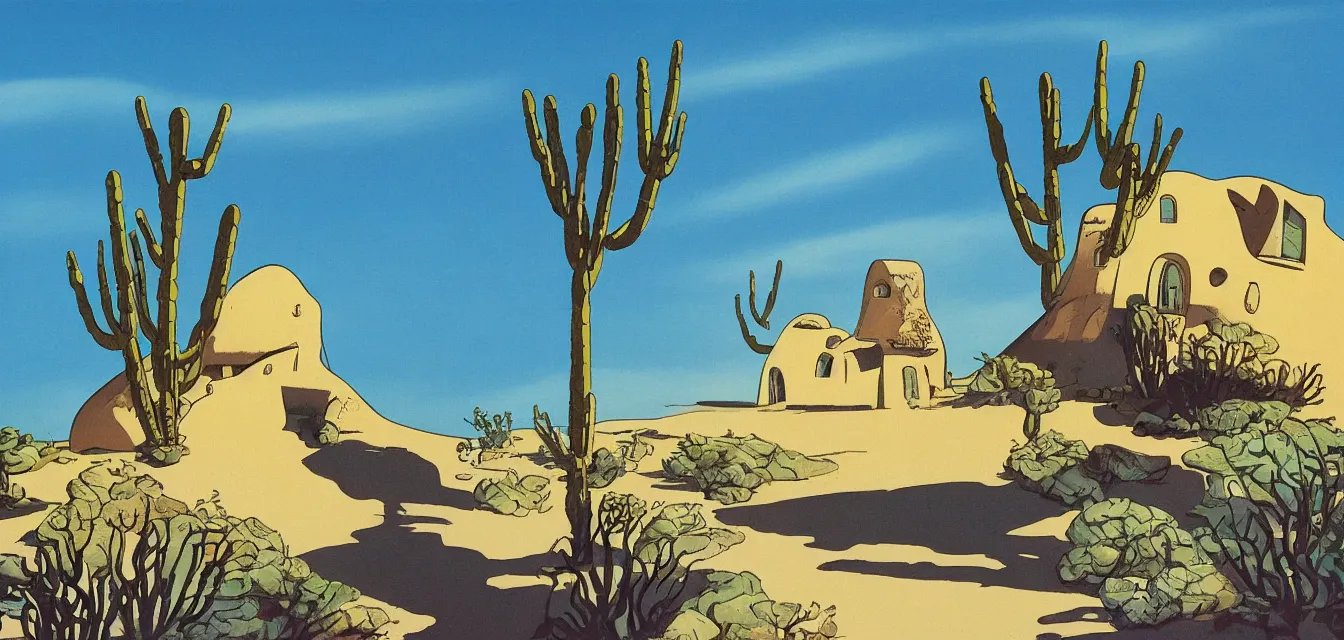 Prompt: animation background painting baja california desert by the sea, a seashell shaped house by eyvind earle and maurice noble