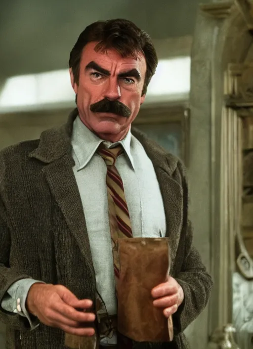 Image similar to film still of tom selleck as harry potter in harry potter, 4 k