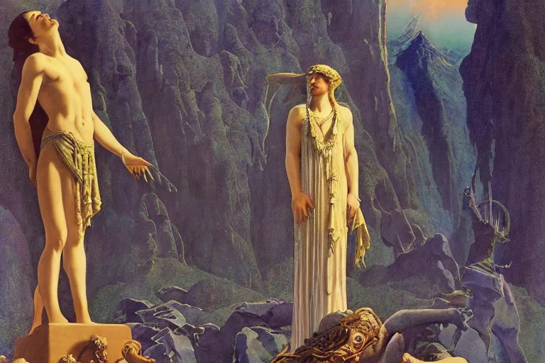 Prompt: The frozen God still couchant on the earth, and the sad Goddess weeping at his feet- until at length old Saturn lifted up his faded eyes, and saw his kingdom gone, and all the gloom and sorrow of the place, and that fair kneeling Goddess, matte painting by Maxfield Parrish