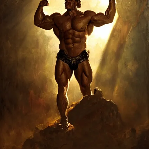 Image similar to handsome portrait of a spartan guy bodybuilder posing, radiant light, caustics, war hero, hibiscus, by gaston bussiere, bayard wu, greg rutkowski, giger, maxim verehin