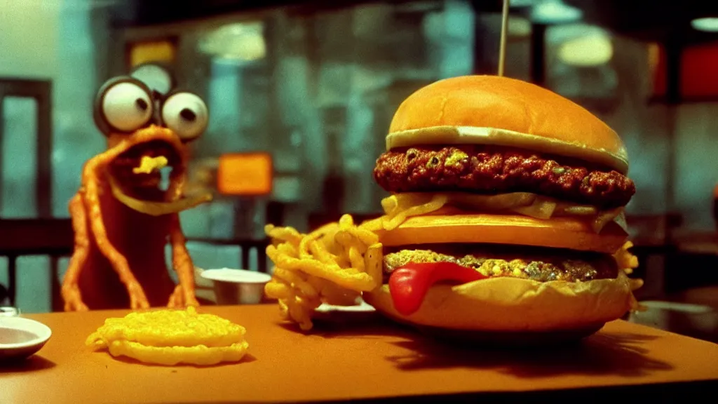 Image similar to the cheeseburger creature at the fast food restaurant, they steal my food, film still from the movie directed by denis villeneuve and david cronenberg with art direction by salvador dali and zdzisław beksinski, wide lens