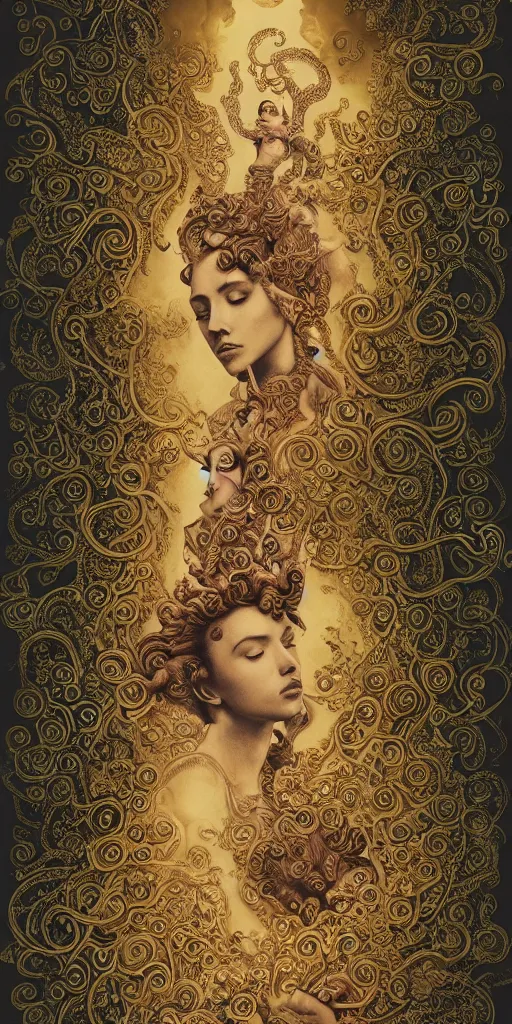 Image similar to masterpiece with intricate designs, tarot card, a mandelbulb fractal scarlett johansson, southeast asian diety statue, full of golden layers, flowers, clouds, vines, mushrooms, swirls, curls, wave by Hokusai and Mike Mignola, trending on artstation, elaborate illustration, beautiful hands close to a candle in dark room, cinematic, powerful, moon beams dramatic light, highly, intricate elements, detailed, digital painting, artstation, concept art, sharp focus, illustration, art by artgerm