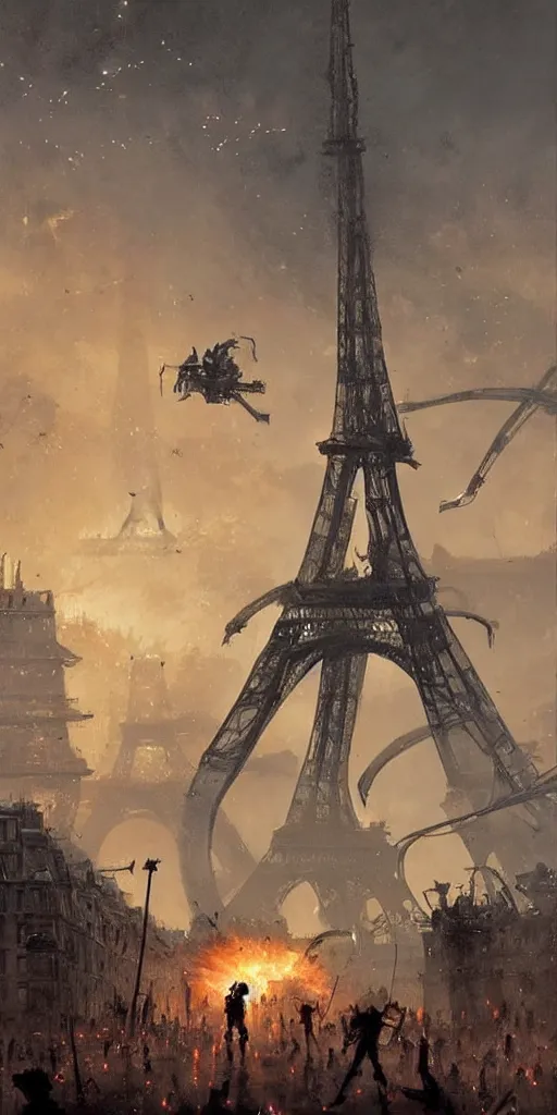 Image similar to war of the worlds, giant mech attack paris, human soldiers, eiffel tower! intense fighting, glowing lights!! digital painting, very detailed, art by jakub rozalski