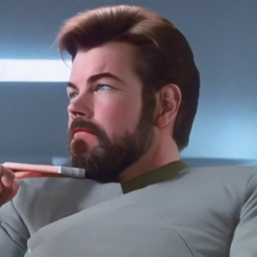 Image similar to still cinematic of william riker on the bridge of the enterprise smoking weed