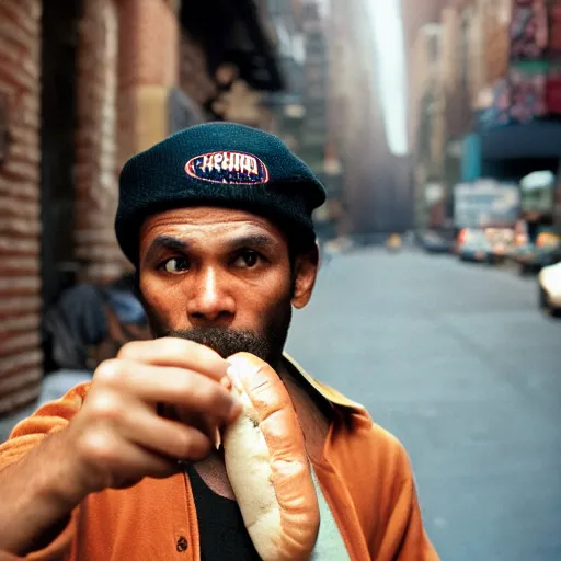 Image similar to closeup portrait of a sneaky man hiding trying to sell hotdogs in a smoky new york back street, by Annie Leibovitz and Steve McCurry, natural light, detailed face, CANON Eos C300, ƒ1.8, 35mm, 8K, medium-format print