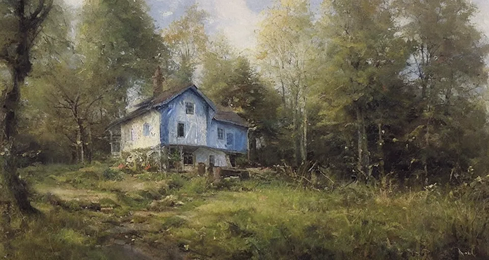 Image similar to cottage in the woods, by richard schmid