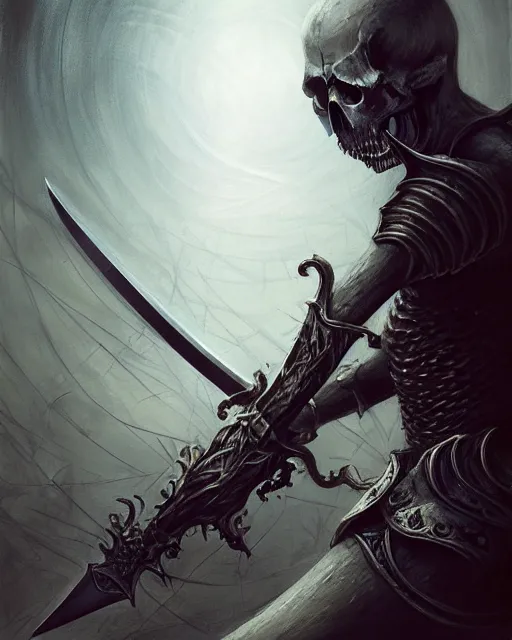Image similar to The last enemy that shall be destroyed is death, full body image, artwork by artgerm, Luminism, Behance HD, medievil spear, broad sword, D&D, extraordinary phenomenon, fantasy, intricately detailed, elegant, digital painting, smooth, sharp focus, art by Greg Rutkowski, art by Ruth Asawa, art by Tim Burton, art by Ted Nasmith, art by H.R. Giger