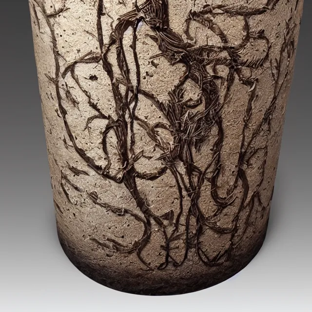 Image similar to a full realistic photo of a tall and thin cylindrical clay dead sea scroll jar, dark, brooding, volume lighting, atmospheric lighting, painted, intricate, ultra detailed by leesha hannigan, thierry doizon, kai carpenter, well composed, best on artstation, cgsociety, epic, stunning, gorgeous, intricate detail, wow, masterpiece