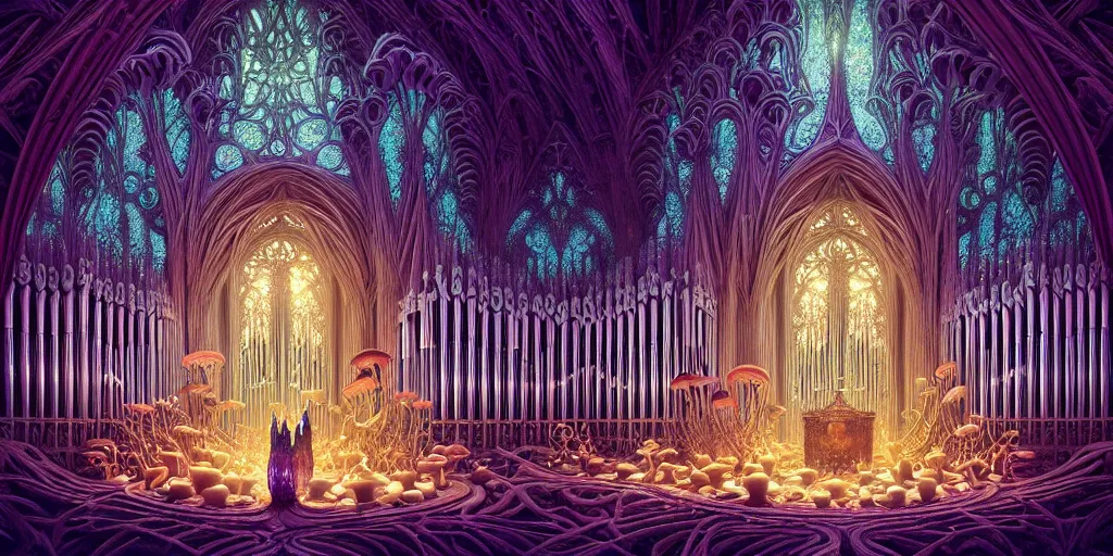 Prompt: Energetic gothic organ made of mushrooms portrait, Art Deco nature, fantasy, intricate art deco mushroom designs, elegant multidimensional cathedral of plants, prismatic fractal chandeliers, highly detailed fractals, sharp focus, art by Artgerm and beeple and Greg Rutkowski and WLOP